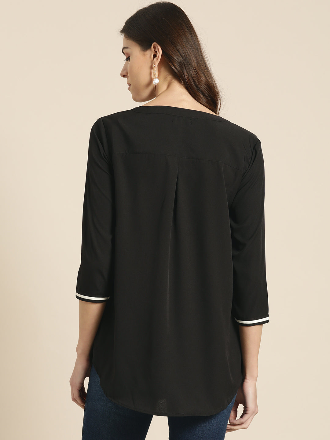 Solid Dark Black Regular Fit Button Front Three Quarter Crepe Top