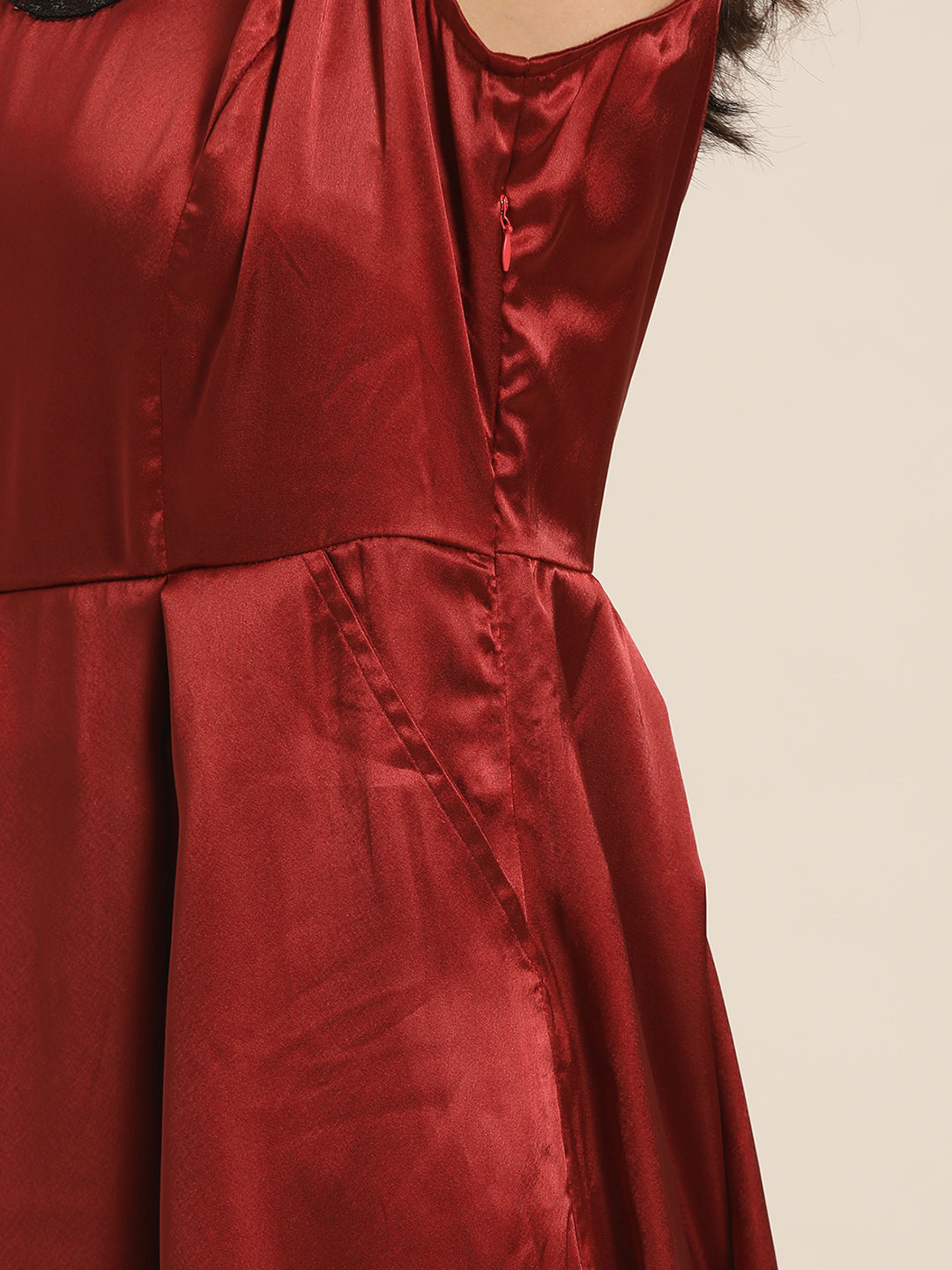 Solid Dark Maroon Slim Fit Round Neck Sleeveless Satin Dress