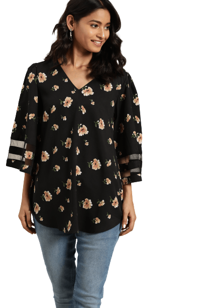 Qurvii Black & Beige Floral Printed Flared Sleeves Crepe Top - Qurvii India