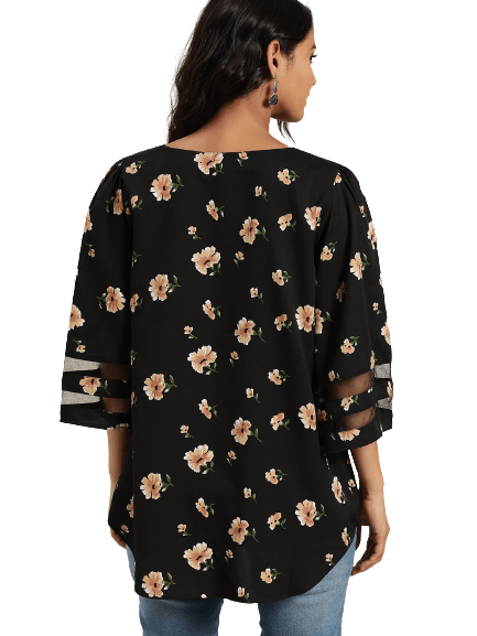 Qurvii Black & Beige Floral Printed Flared Sleeves Crepe Top - Qurvii India