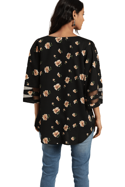 Qurvii Black & Beige Floral Printed Flared Sleeves Crepe Top - Qurvii India