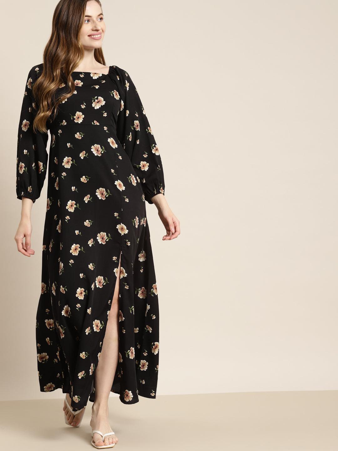 Qurvii Black Floral Long Dress - Qurvii India