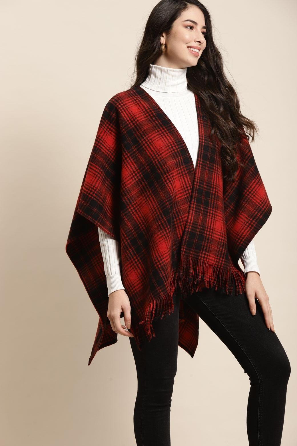 Qurvii Red plaid poncho - Qurvii India