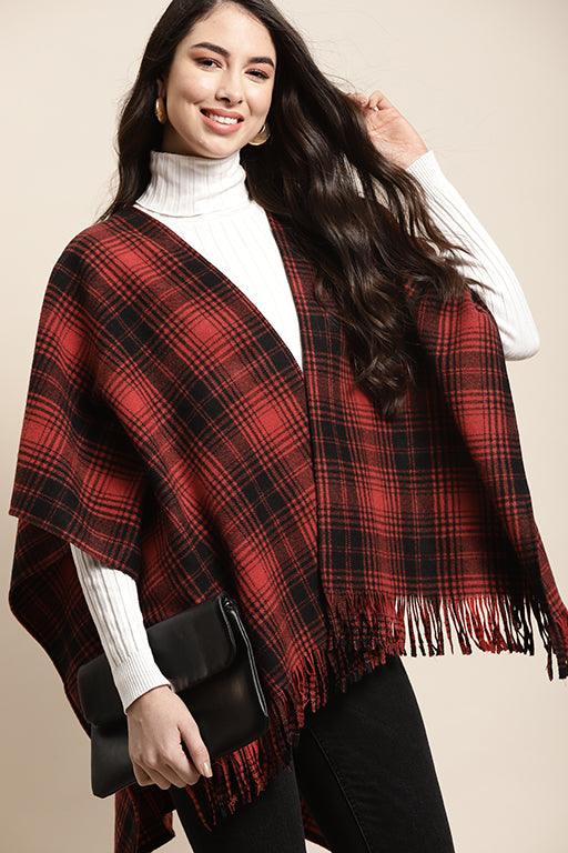 Qurvii Red plaid poncho - Qurvii India