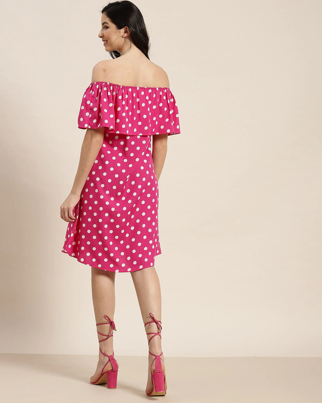 Polka Bright Magenta Regular Fit Off Shoulder Elbow Length Crepe Dress