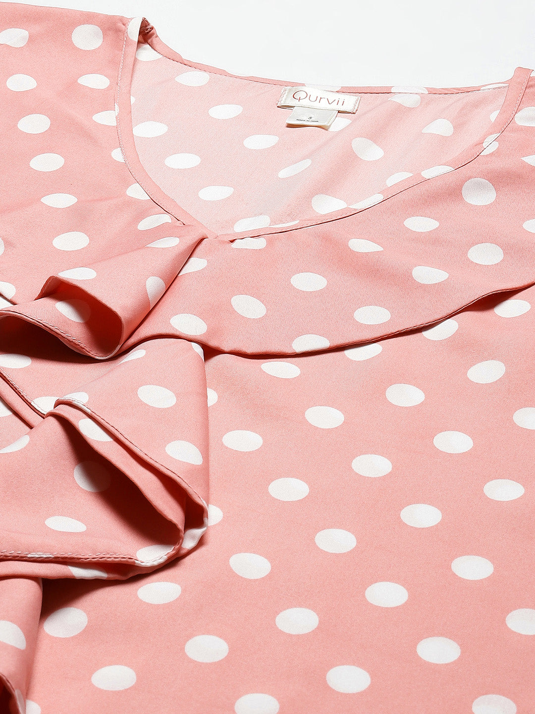 Pastels Print Polka Light Peach Regular Fit V Neck Short Ruffle Sleeve Crepe Top