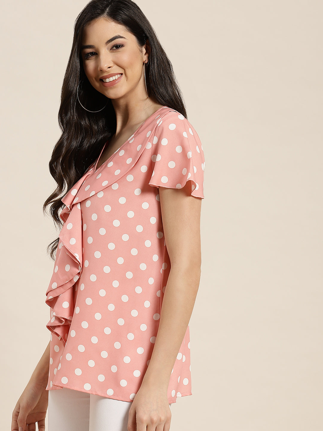 Pastels Print Polka Light Peach Regular Fit V Neck Short Ruffle Sleeve Crepe Top