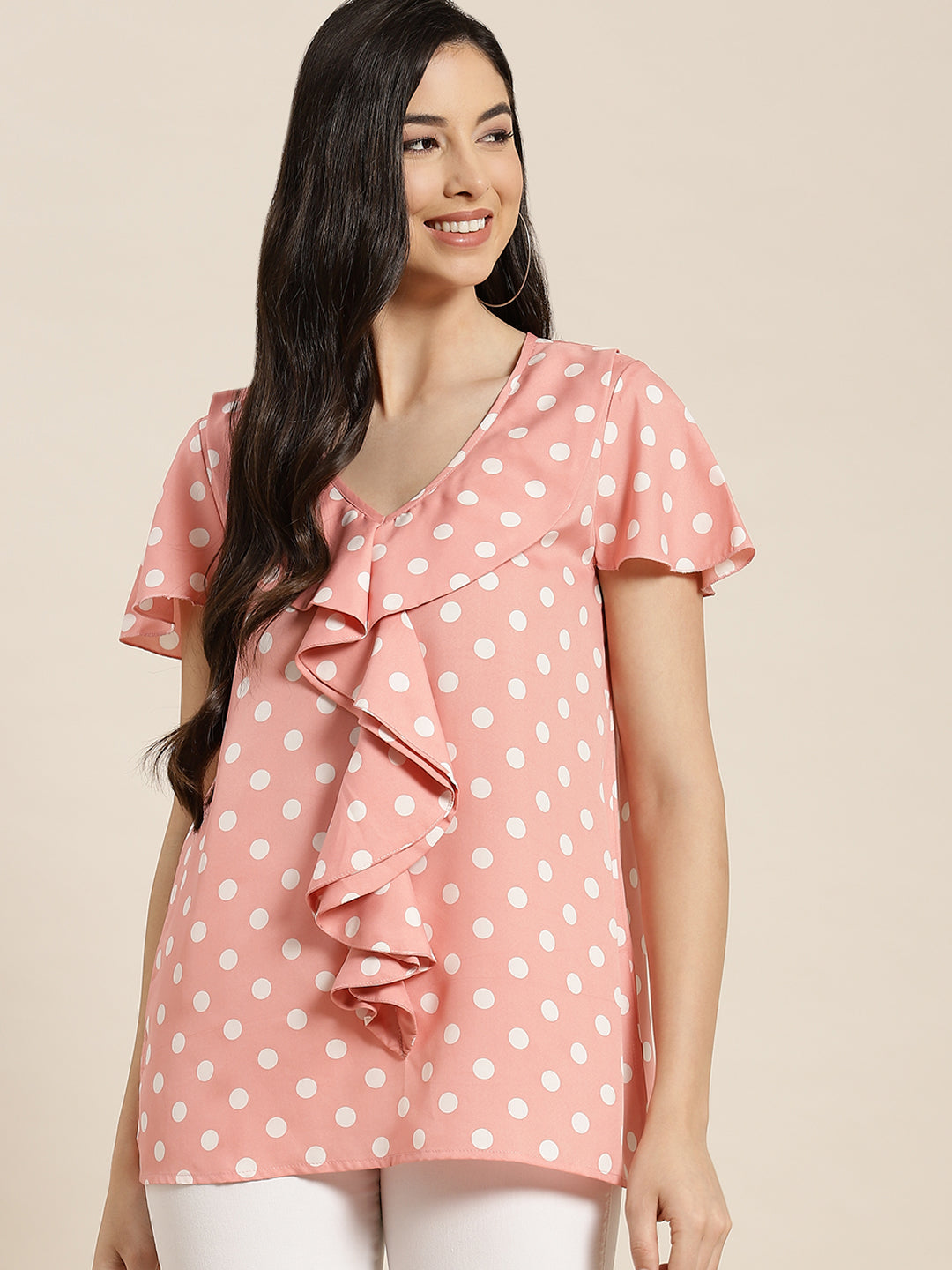 Pastels Print Polka Light Peach Regular Fit V Neck Short Ruffle Sleeve Crepe Top