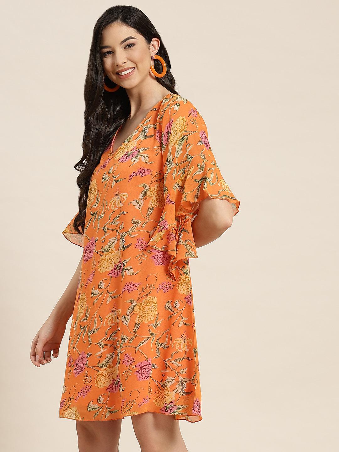 Qurvii Floral Orange A-line Dress - Qurvii India