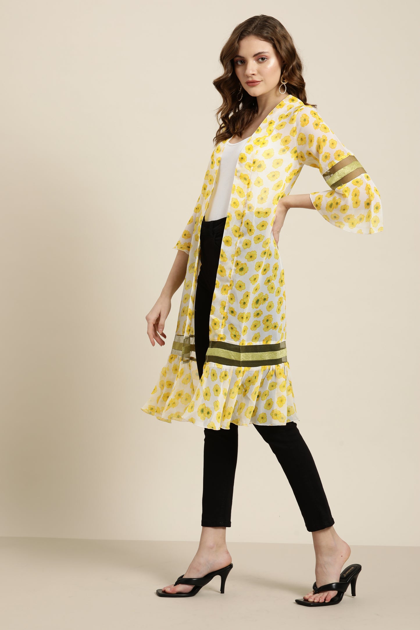 Floral Light Yellow Loose Fit Three Quarter Bell Sleeve Georgette Shrug