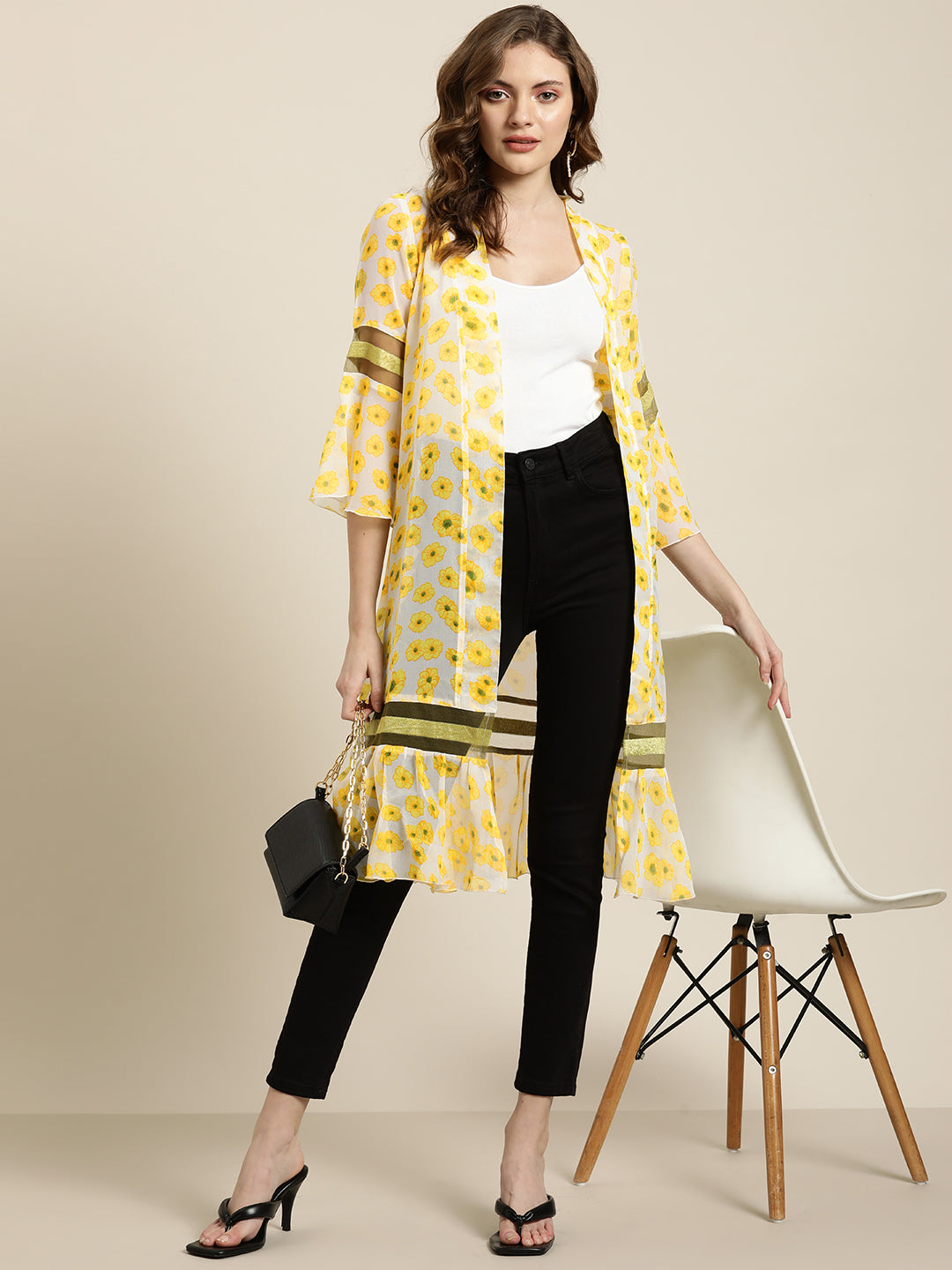 Floral Light Yellow Loose Fit Three Quarter Bell Sleeve Georgette Shrug