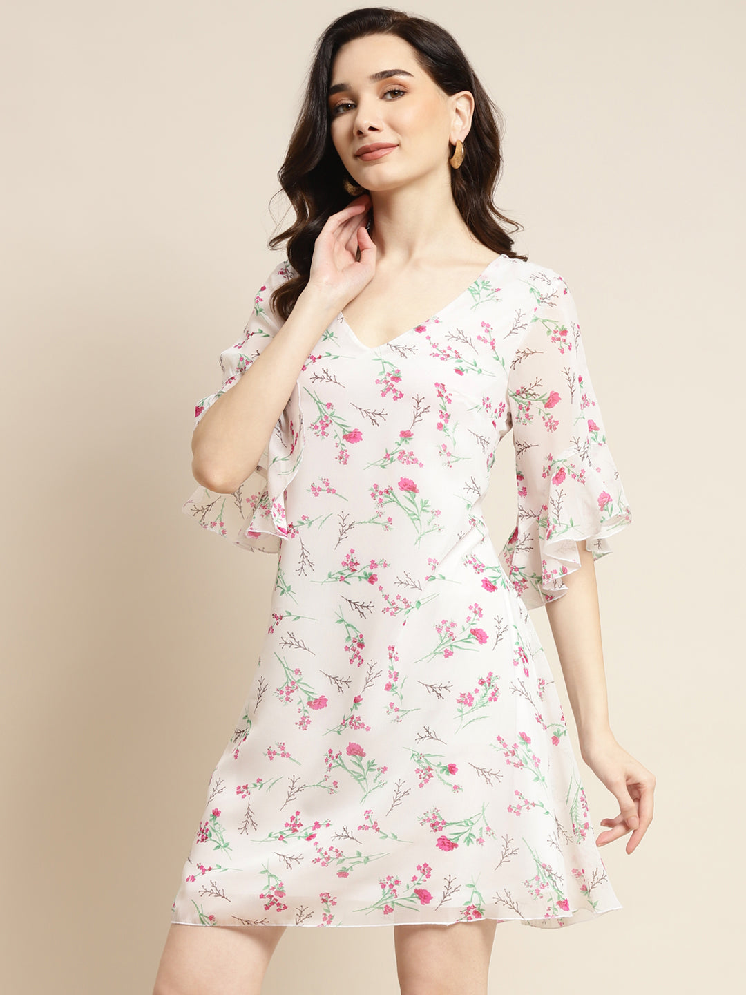 Pastels Print Floral Light Multi Relaxed Fit V Neck Three Quarter Georgette Dress