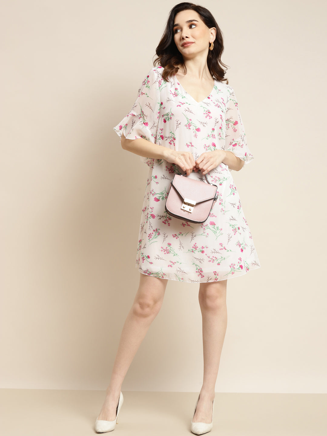 Pastels Print Floral Light Multi Relaxed Fit V Neck Three Quarter Georgette Dress