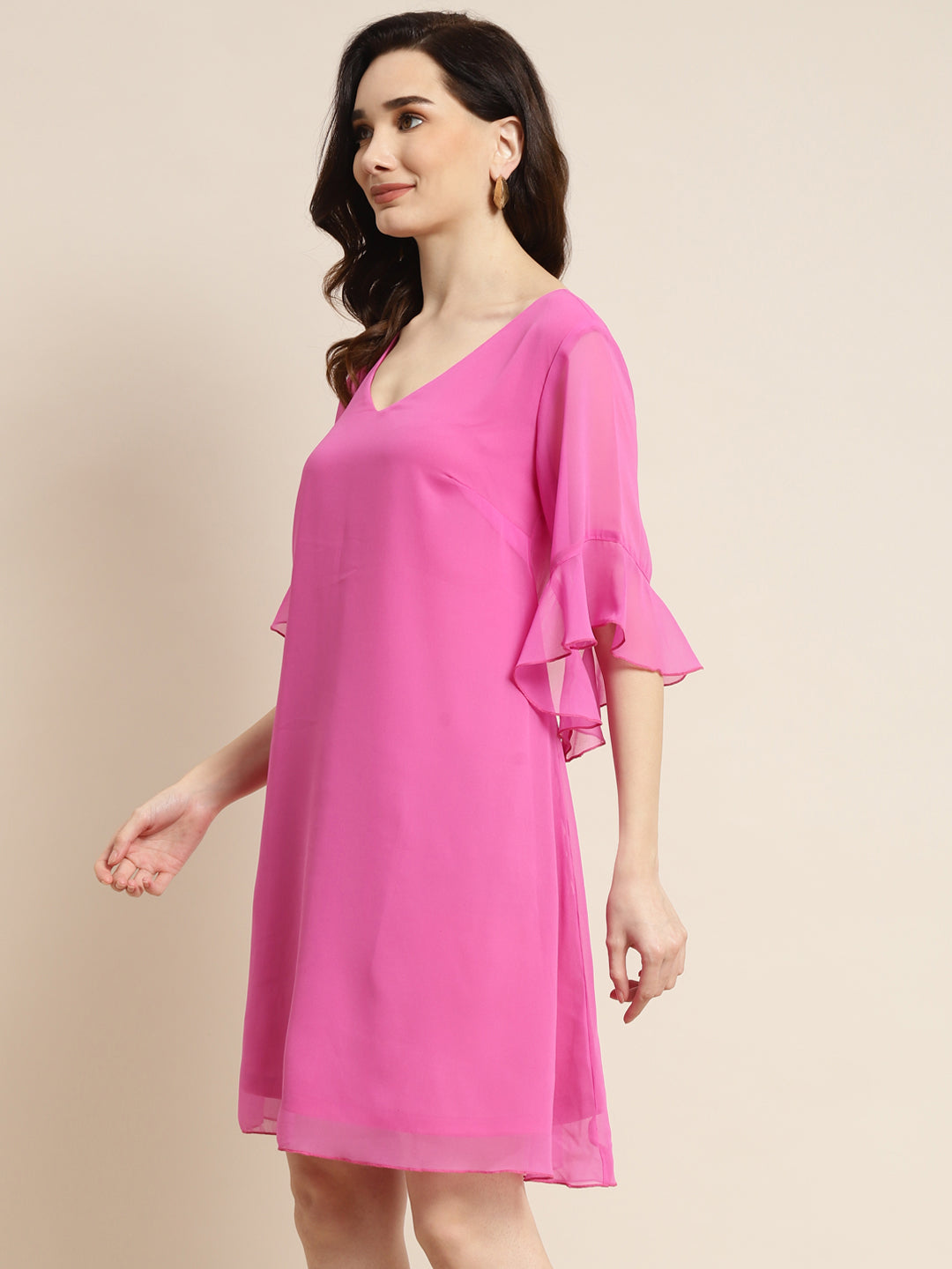 Solid Print Pastels Bright Mauve Relaxed Fit V Neck Three Quarter Bell Sleeve Georgette Dress