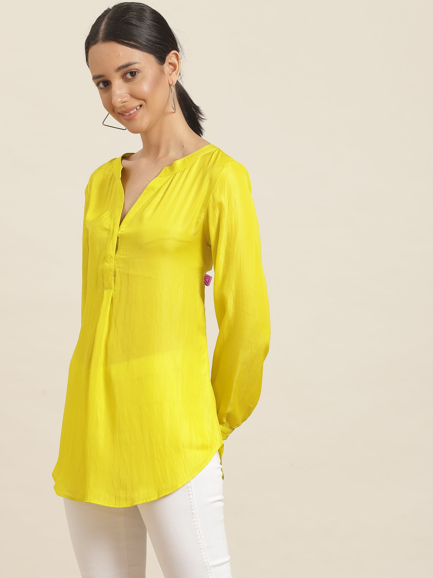 Solid Light Neon Lemon Yellow Relaxed Fit Mandarin Collar Full Cuff Sleeve Silk Top