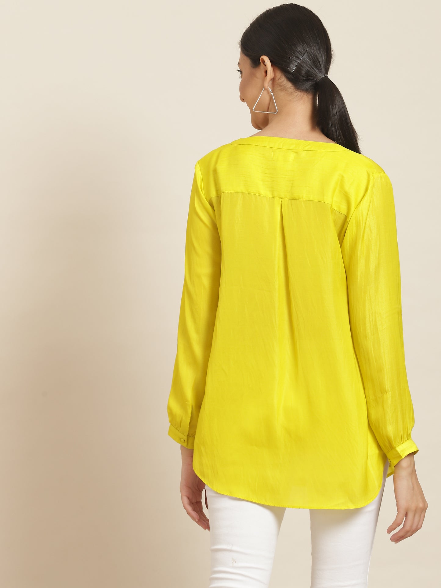Solid Light Neon Lemon Yellow Relaxed Fit Mandarin Collar Full Cuff Sleeve Silk Top