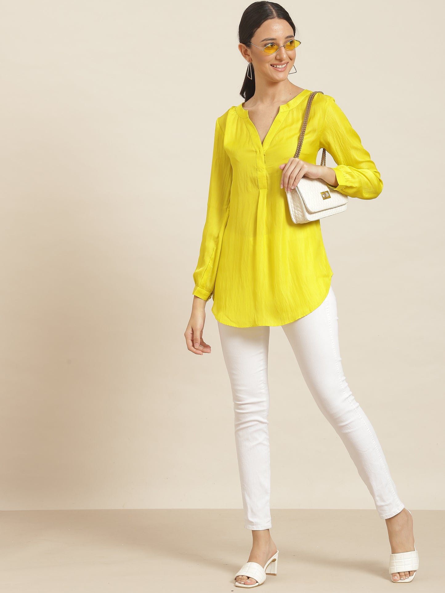 Solid Light Neon Lemon Yellow Relaxed Fit Mandarin Collar Full Cuff Sleeve Silk Top