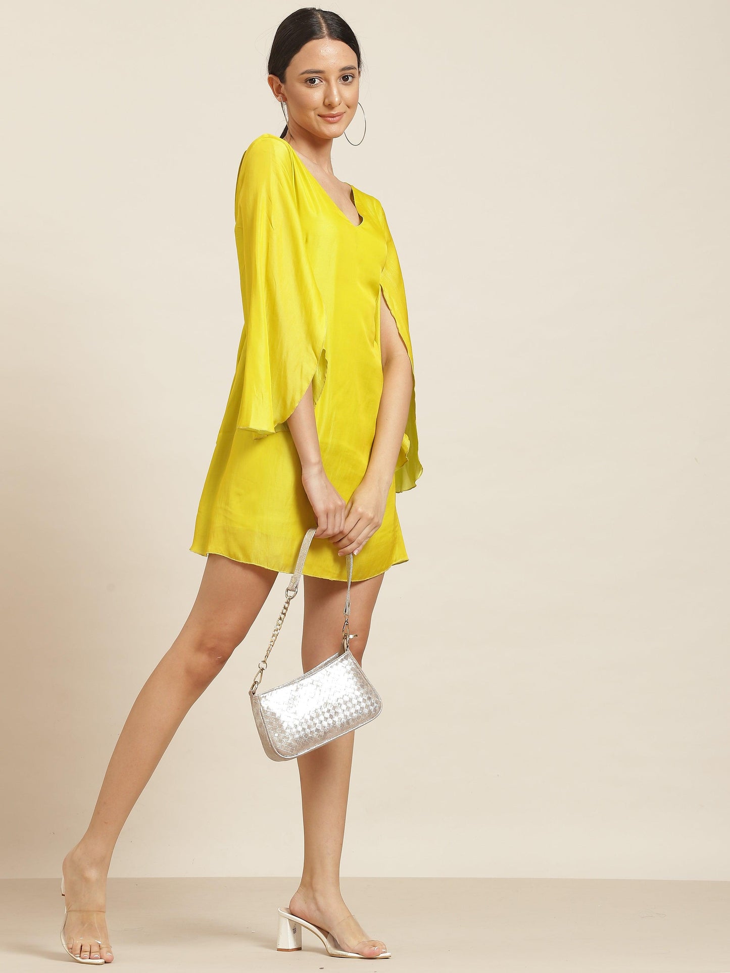 Qurvii Lime Green Silky A Line Dress - Qurvii India