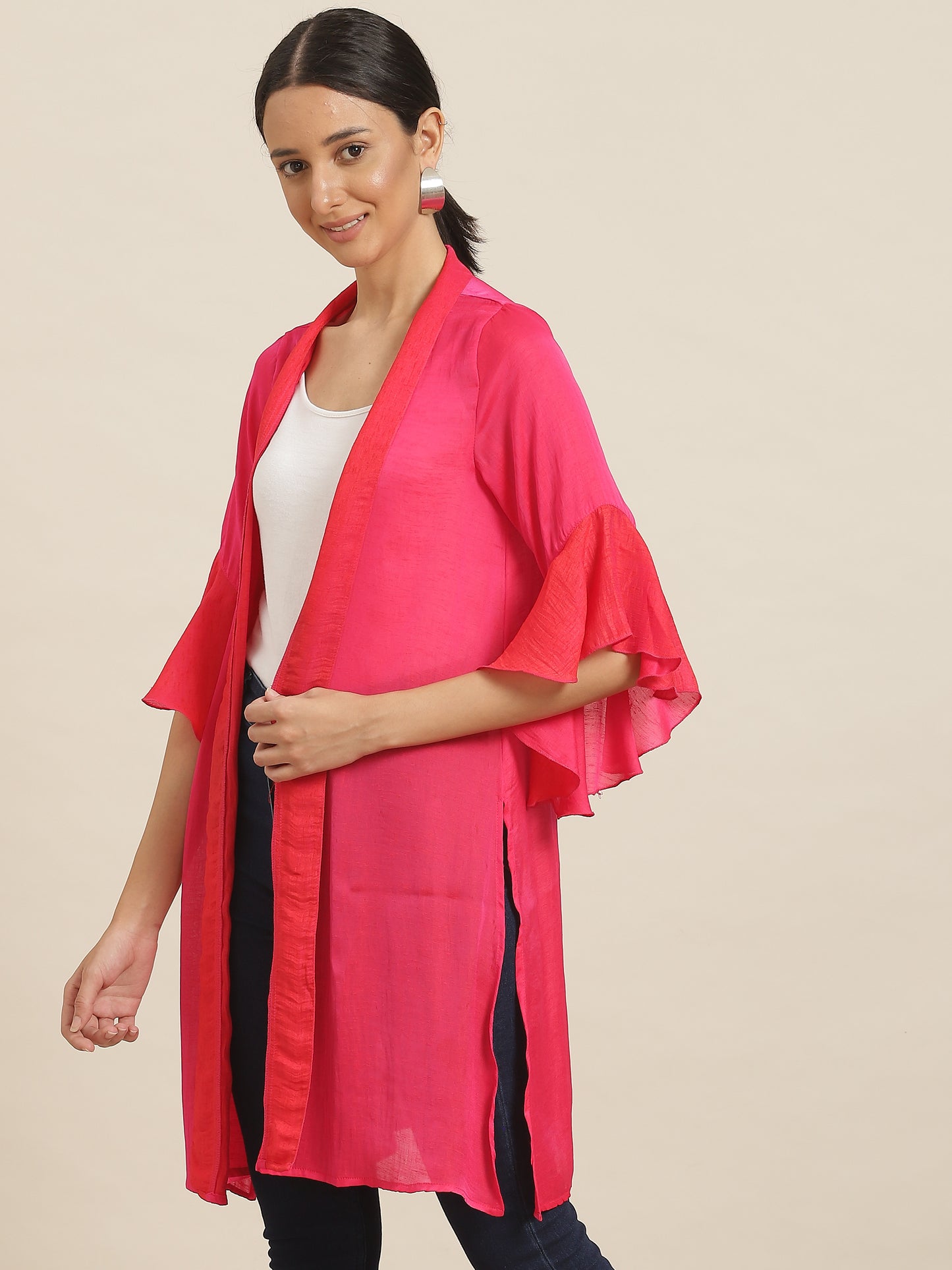 Solid Dark Magenta Relaxed Fit V Neck Three Quarter Bell Sleeve Silk Shrug