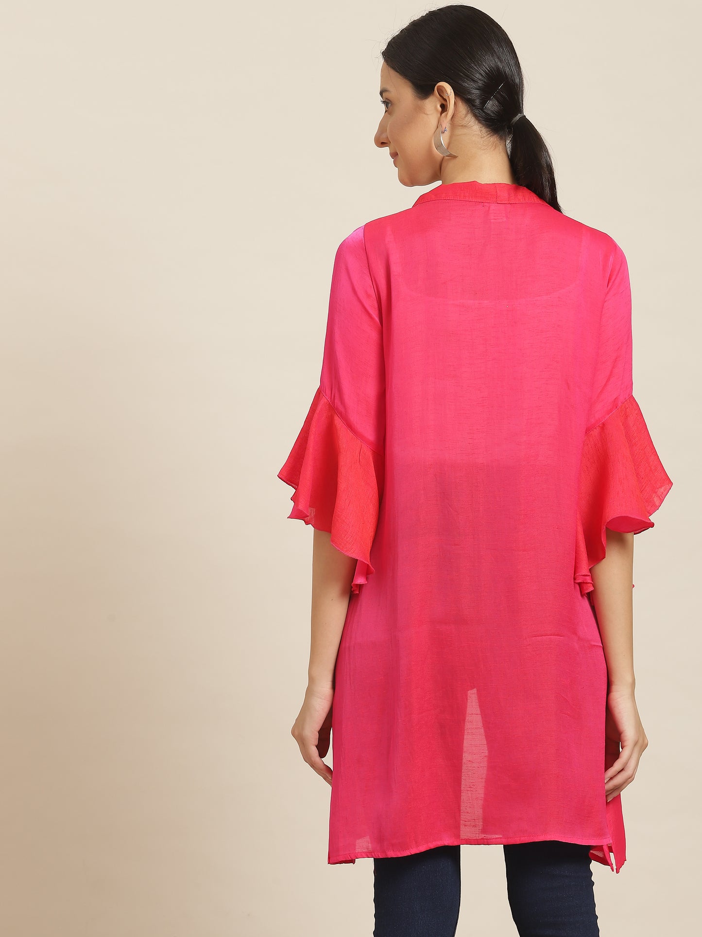Solid Dark Magenta Relaxed Fit V Neck Three Quarter Bell Sleeve Silk Shrug