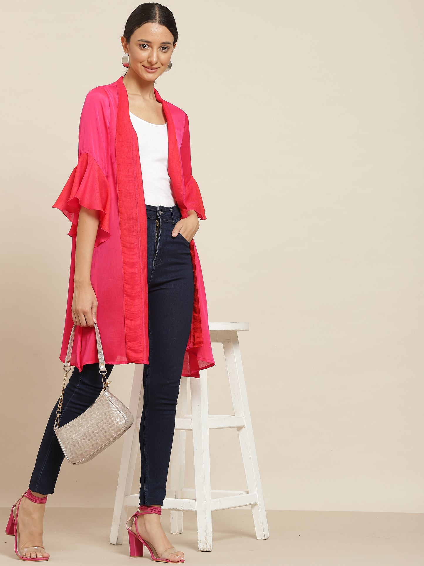 Solid Dark Magenta Relaxed Fit V Neck Three Quarter Bell Sleeve Silk Shrug