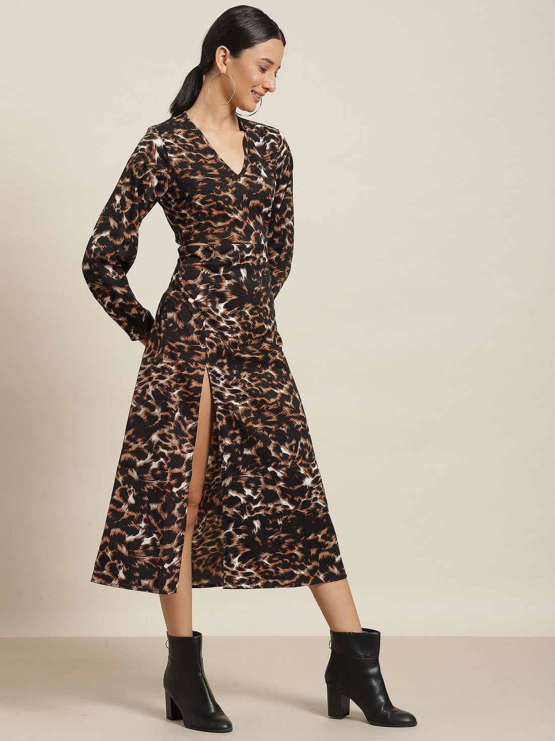 Qurvii Black And Brown Tiger Print Dress - Qurvii India