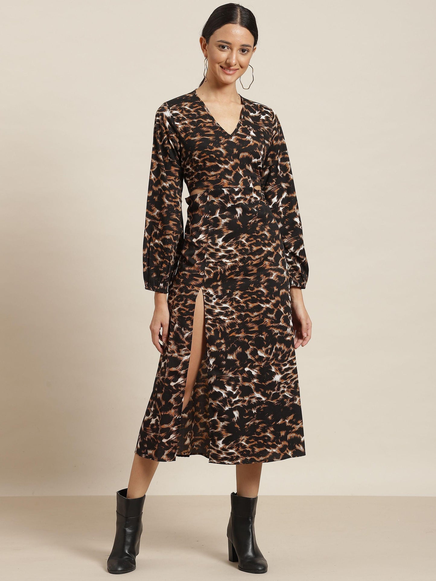 Qurvii Black And Brown Tiger Print Dress - Qurvii India