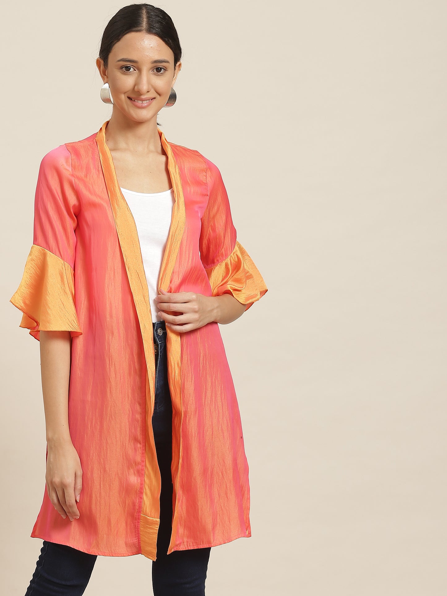 Solid Bright Orange Relaxed Fit Three Quarter Bell Sleeve Silk Shrug