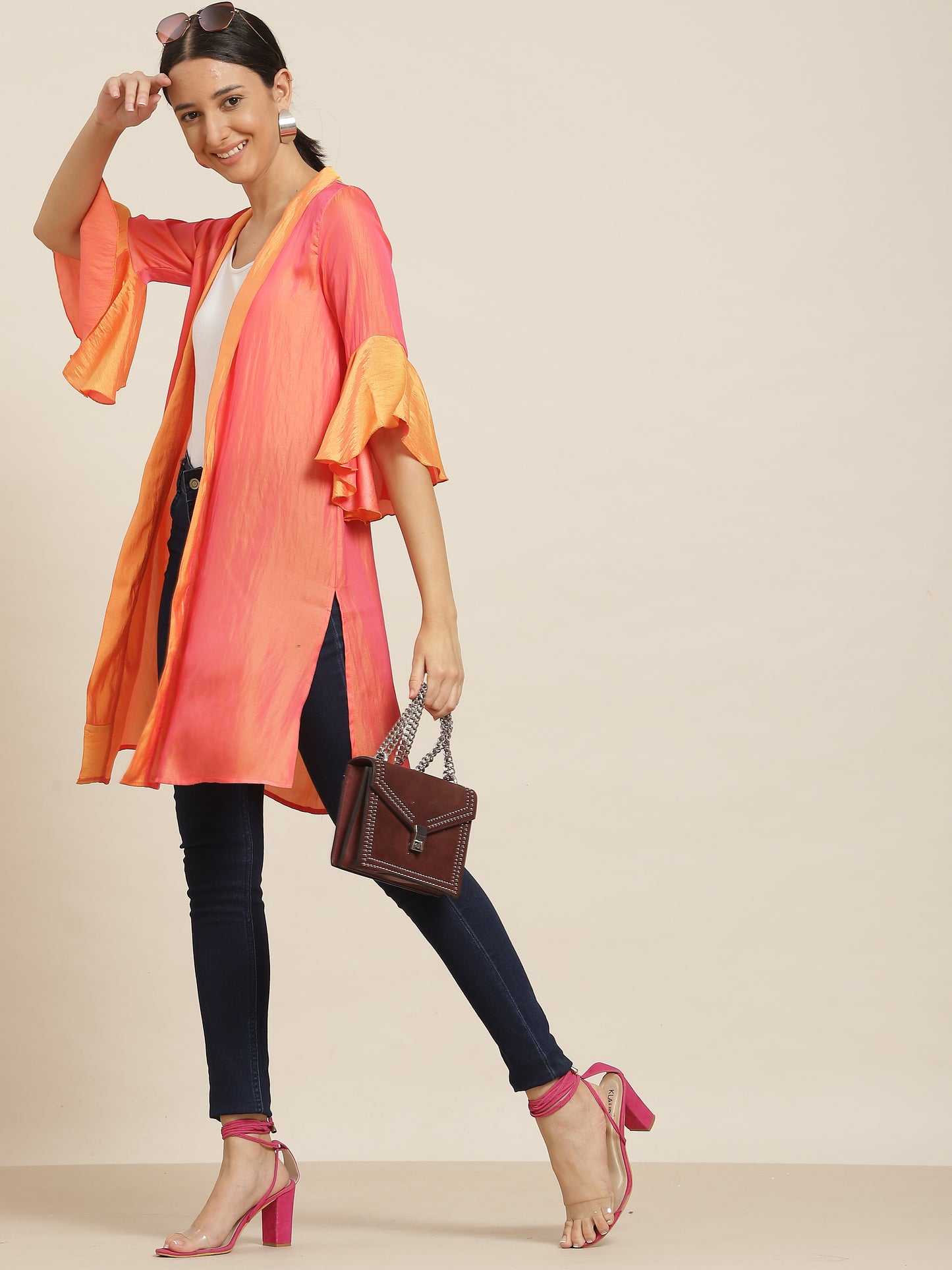 Solid Bright Orange Relaxed Fit Three Quarter Bell Sleeve Silk Shrug