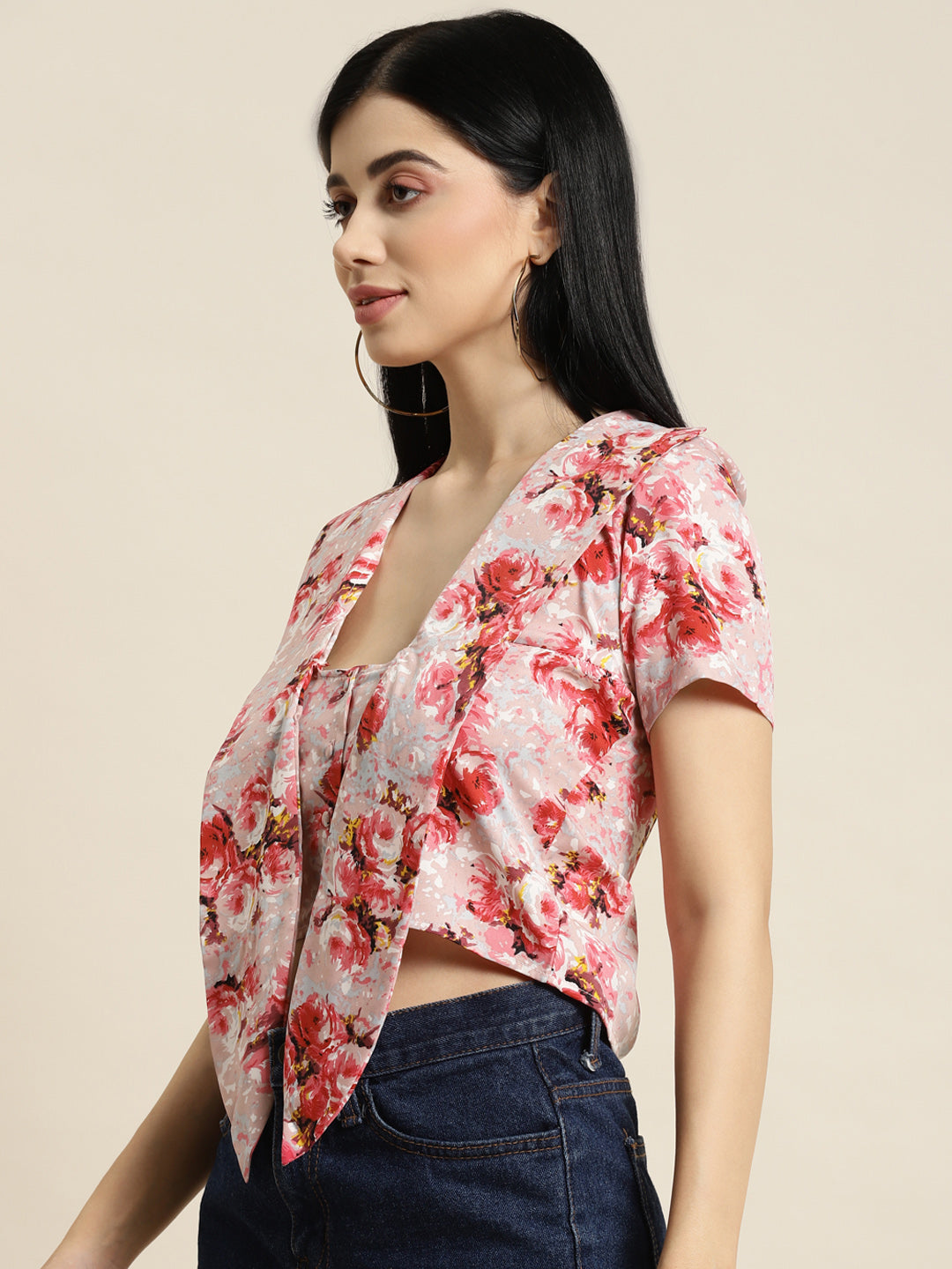 Floral Light Pink Regular Fit Half Crepe Top
