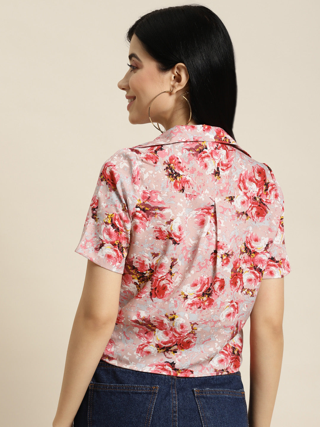 Floral Light Pink Regular Fit Half Crepe Top