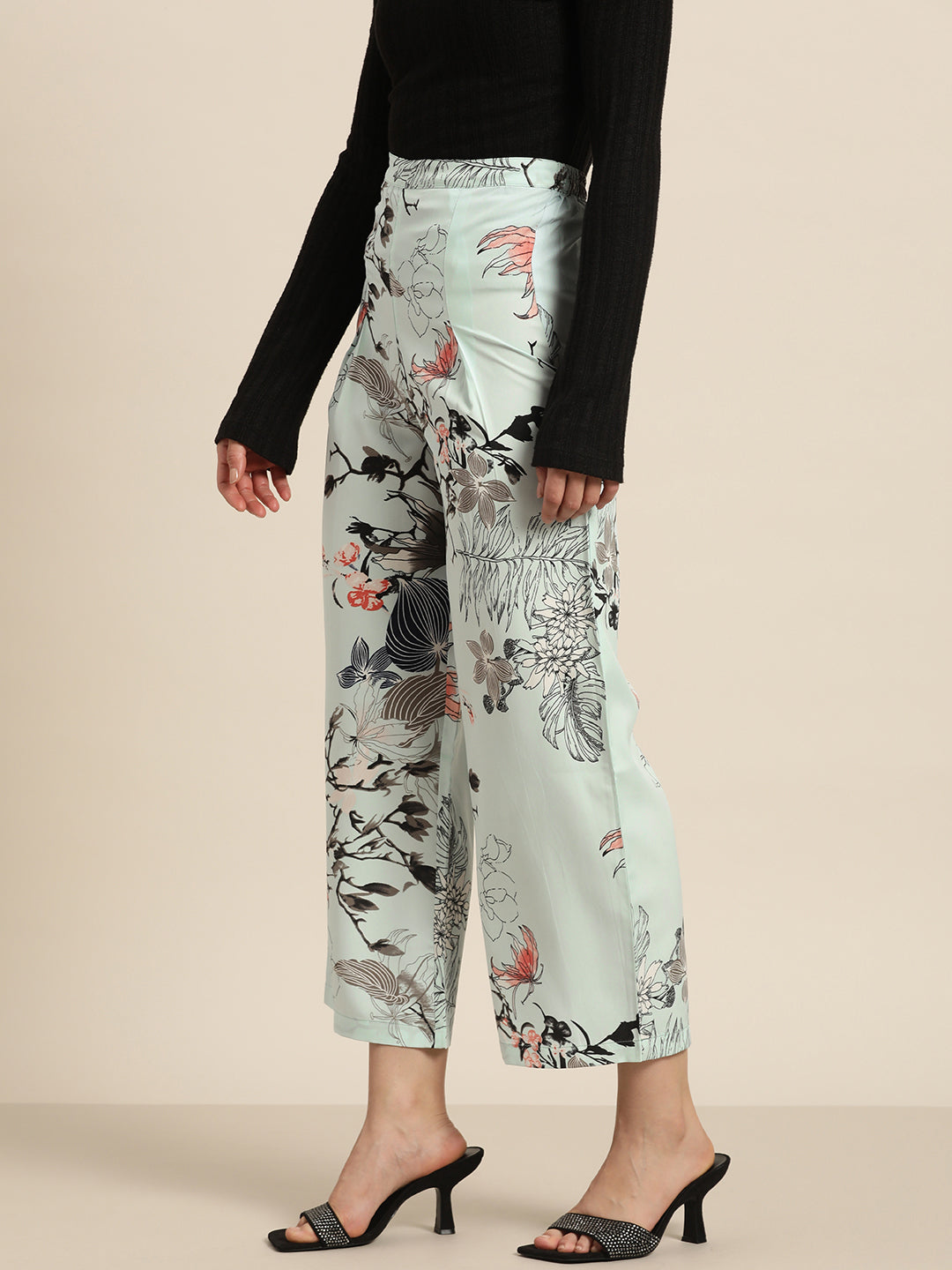 Pastels Print Floral Light Blue Regular Fit Crepe Palazzo