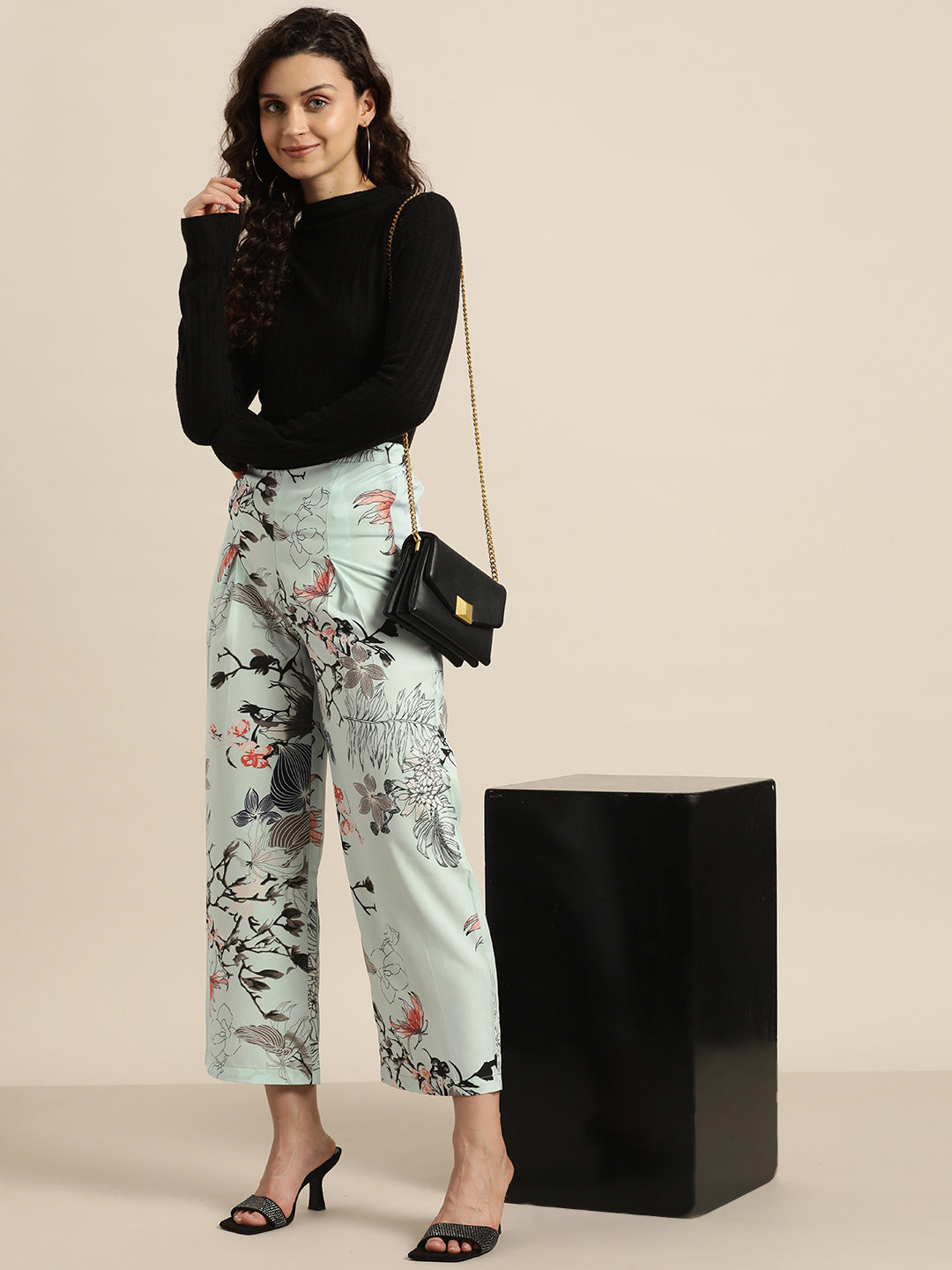 Pastels Print Floral Light Blue Regular Fit Crepe Palazzo