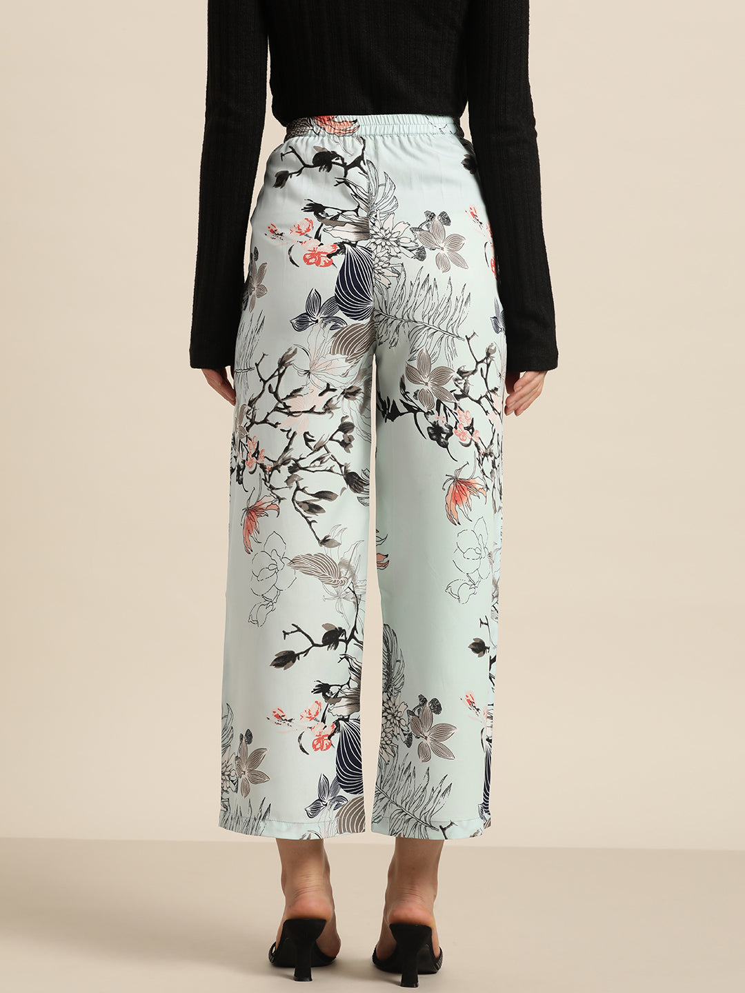 Pastels Print Floral Light Blue Regular Fit Crepe Palazzo