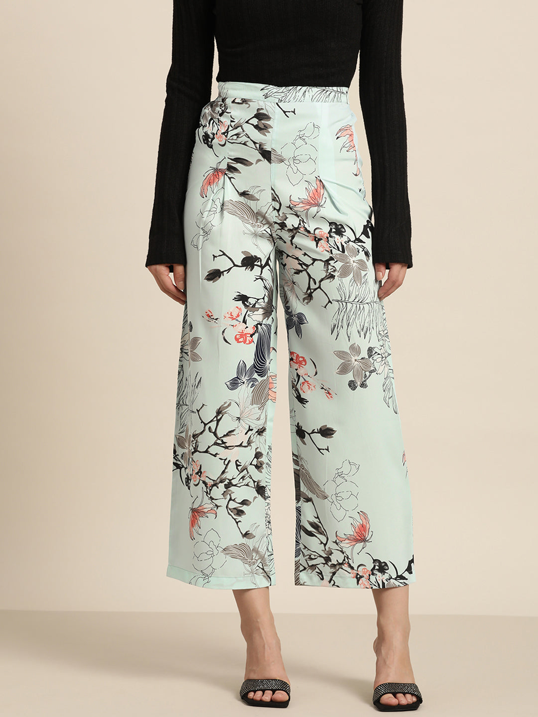Pastels Print Floral Light Blue Regular Fit Crepe Palazzo