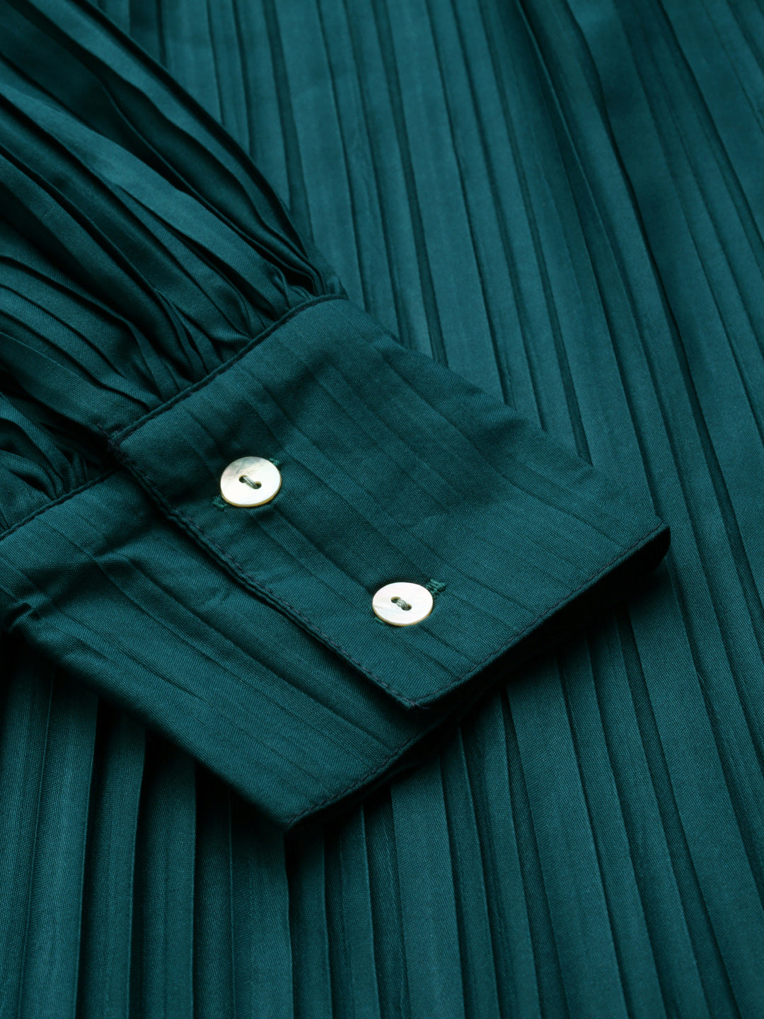 Solid Dark Teal Regular Fit Mandarin Collar Full Long Sleeve Crepe Top