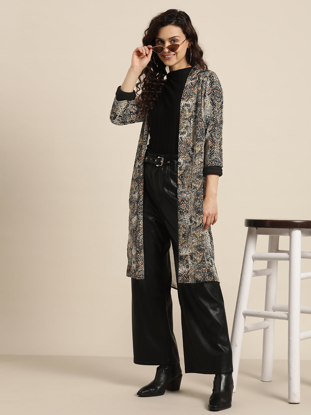 Animal Dark Brown Relaxed Fit V Neck Three Quarter Georgette Shrug