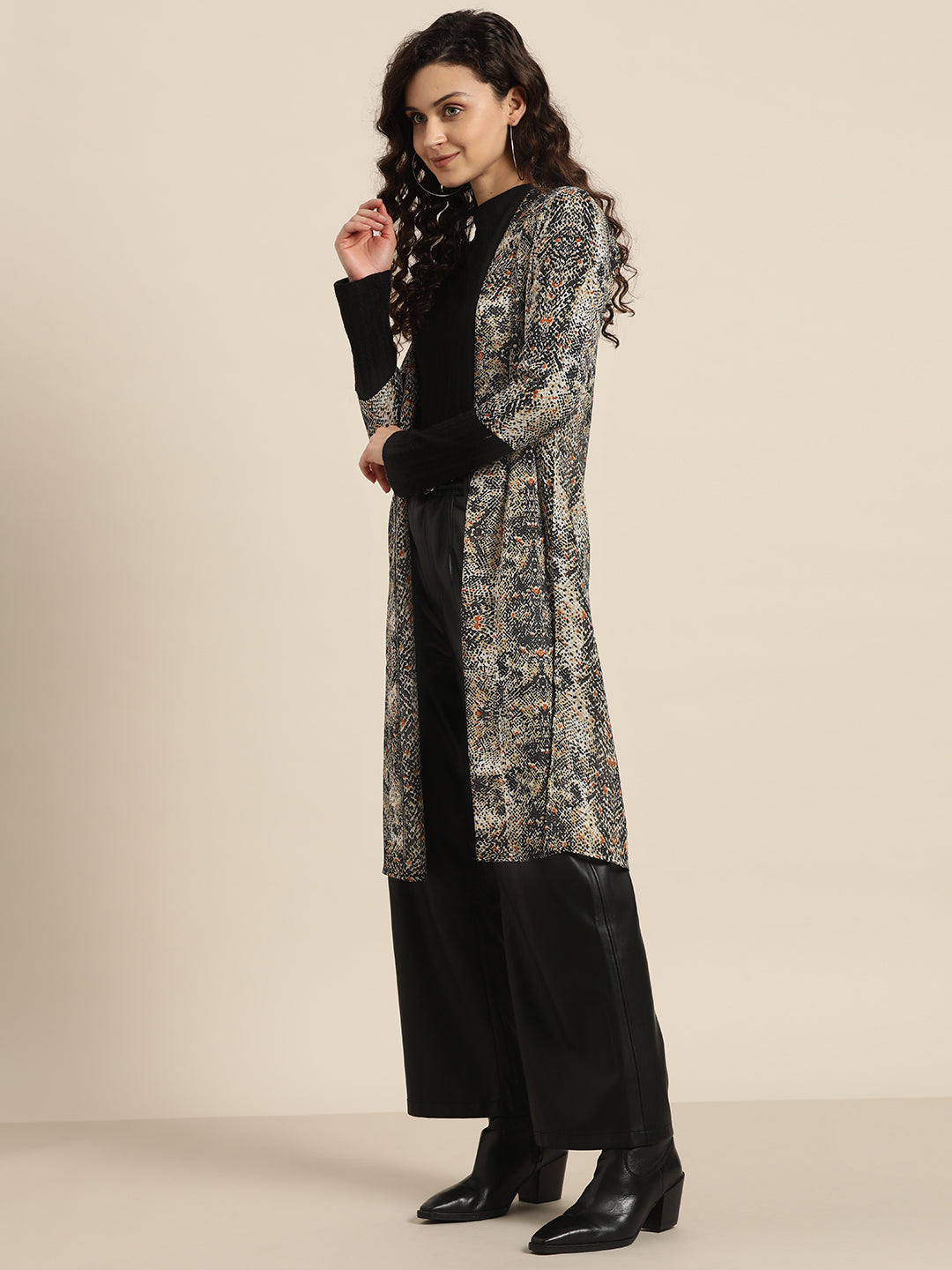 Animal Dark Brown Relaxed Fit V Neck Three Quarter Georgette Shrug