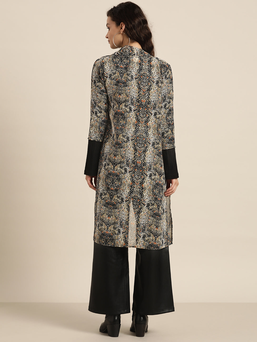 Animal Dark Brown Relaxed Fit V Neck Three Quarter Georgette Shrug