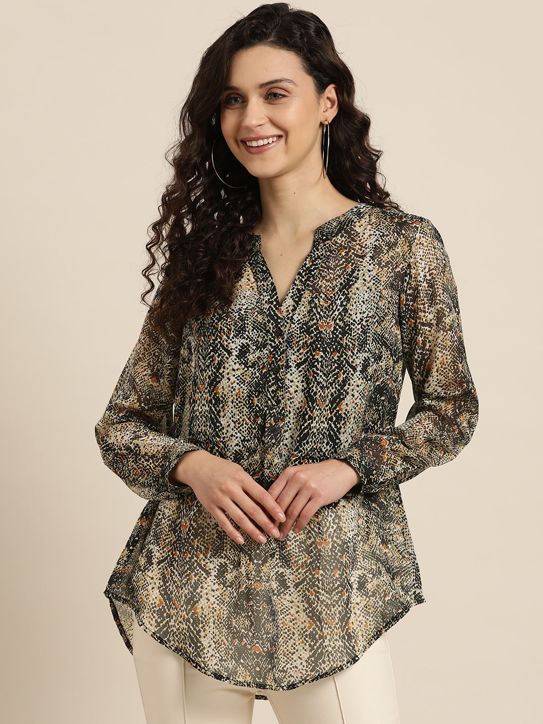 Animal Dark Black Regular Fit Mandarin Collar Full Cuff Sleeve Georgette Top