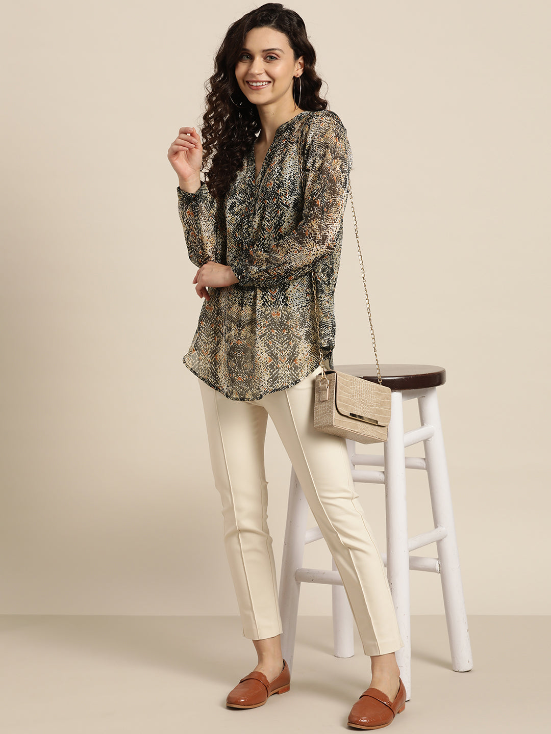 Animal Dark Black Regular Fit Mandarin Collar Full Cuff Sleeve Georgette Top