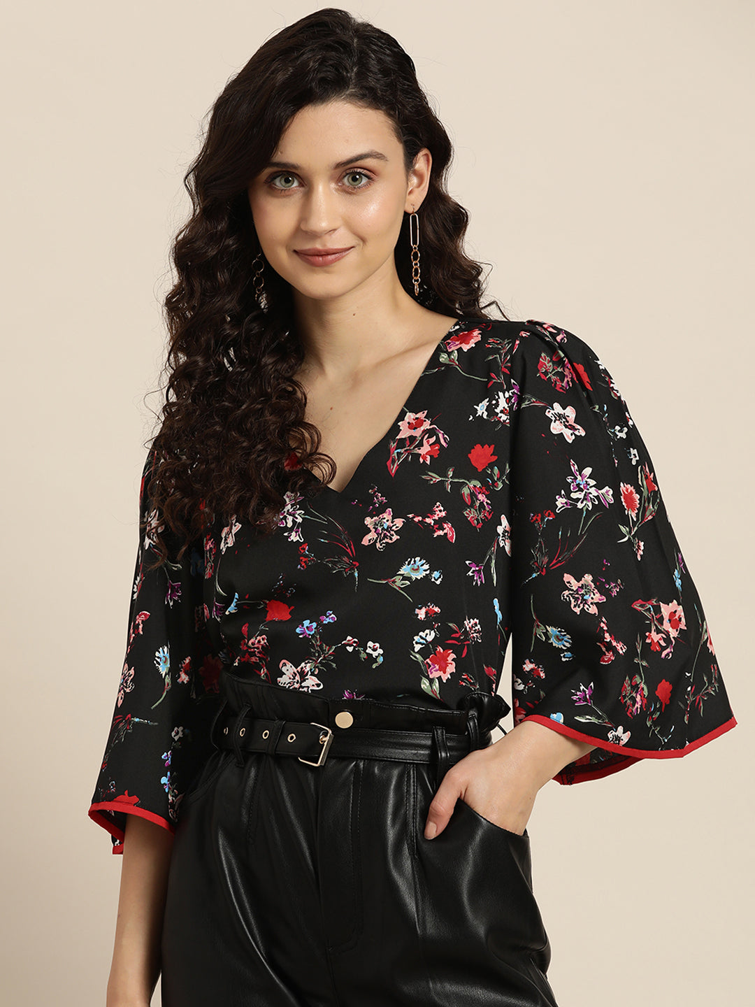 Floral Dark Black Regular Fit V Neck Three Quarter Bell Sleeve Crepe Top