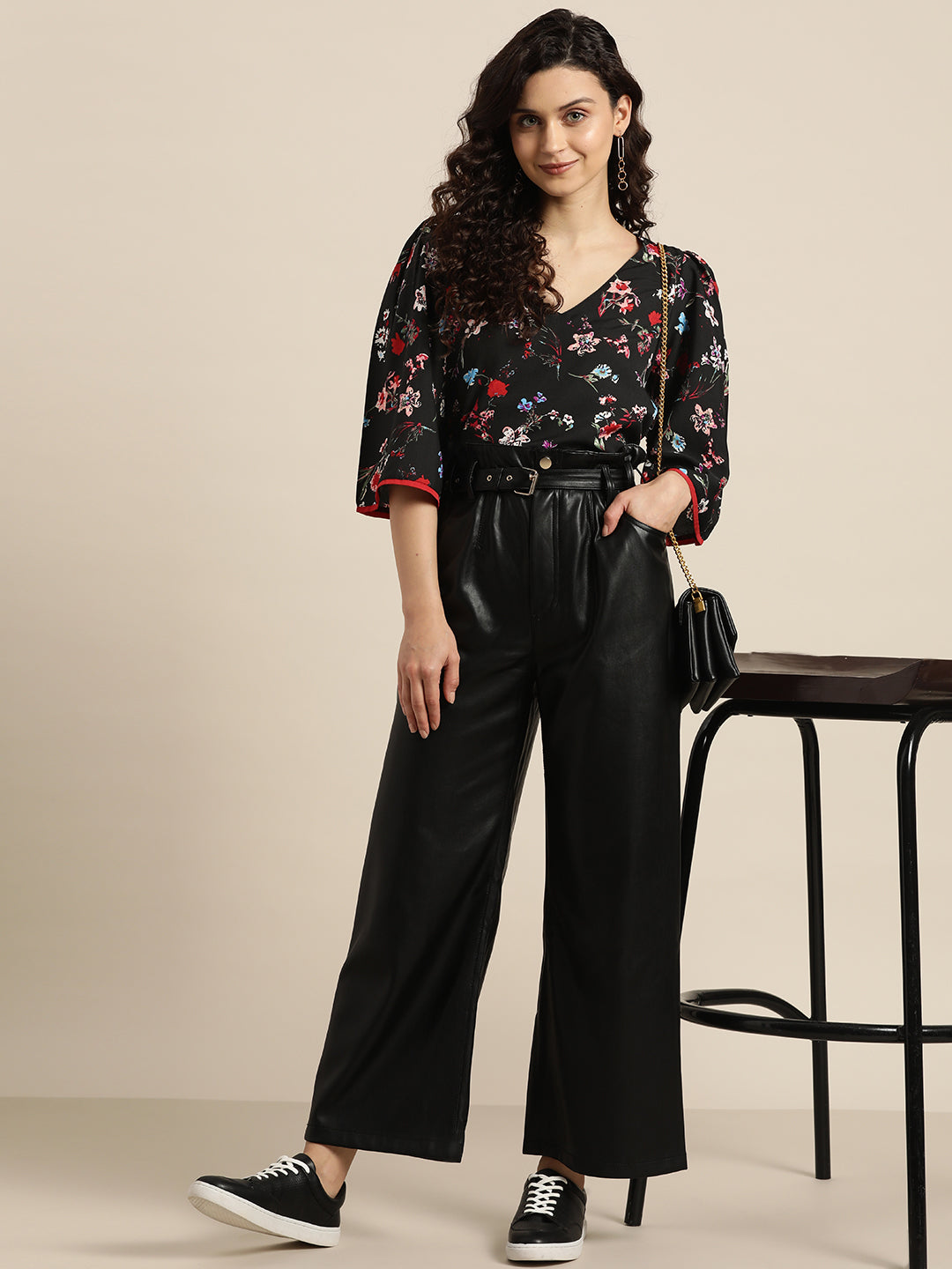 Floral Dark Black Regular Fit V Neck Three Quarter Bell Sleeve Crepe Top