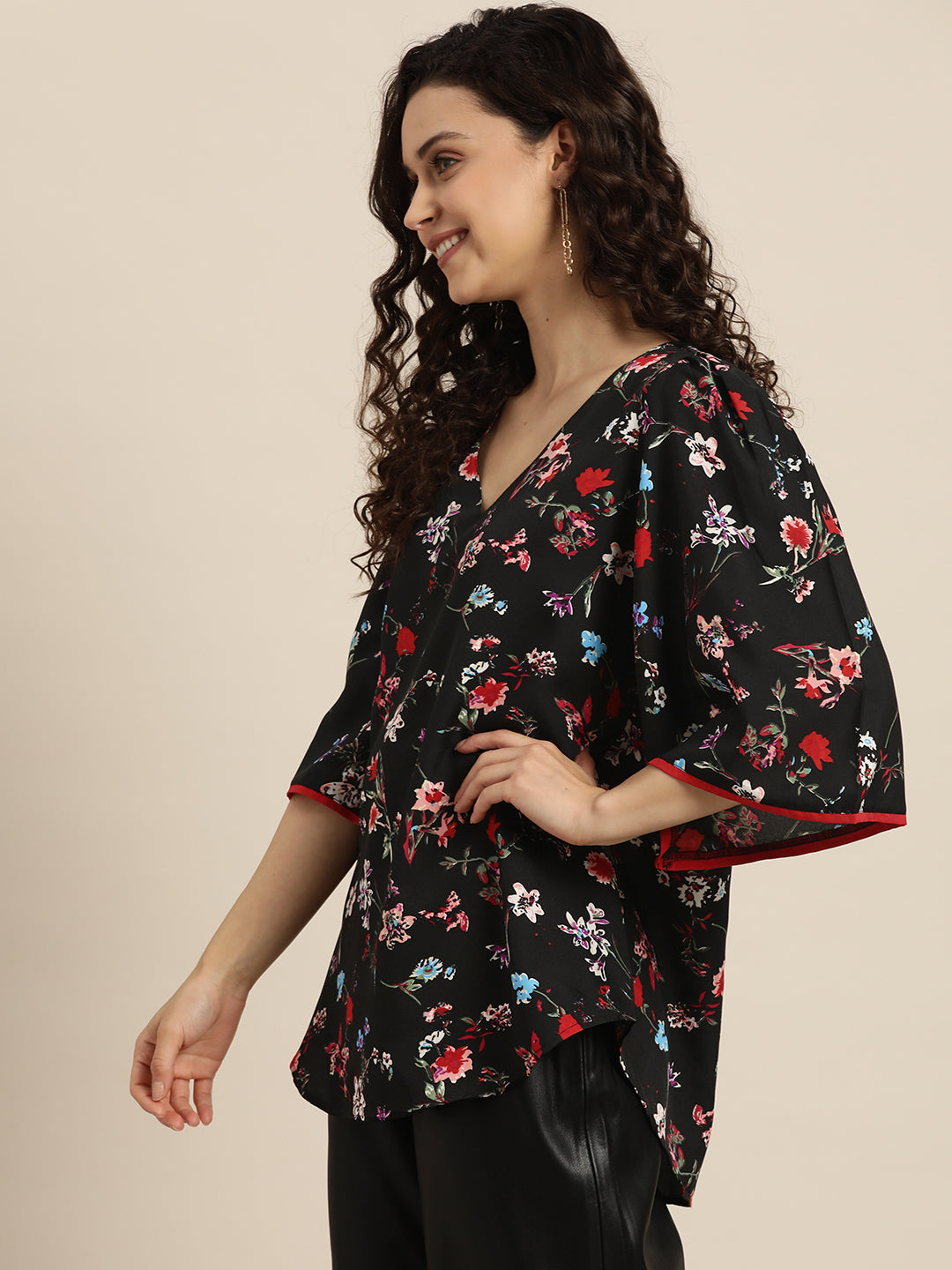 Floral Dark Black Regular Fit V Neck Three Quarter Bell Sleeve Crepe Top