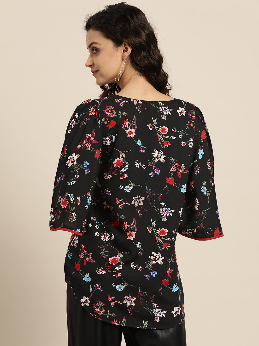 Floral Dark Black Regular Fit V Neck Three Quarter Bell Sleeve Crepe Top