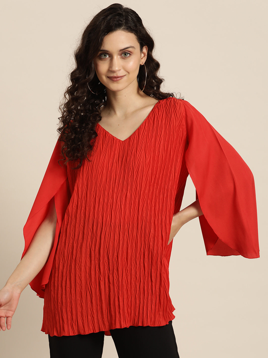 Solid Dark Red Regular Fit V Neck Full Petal Crepe Top