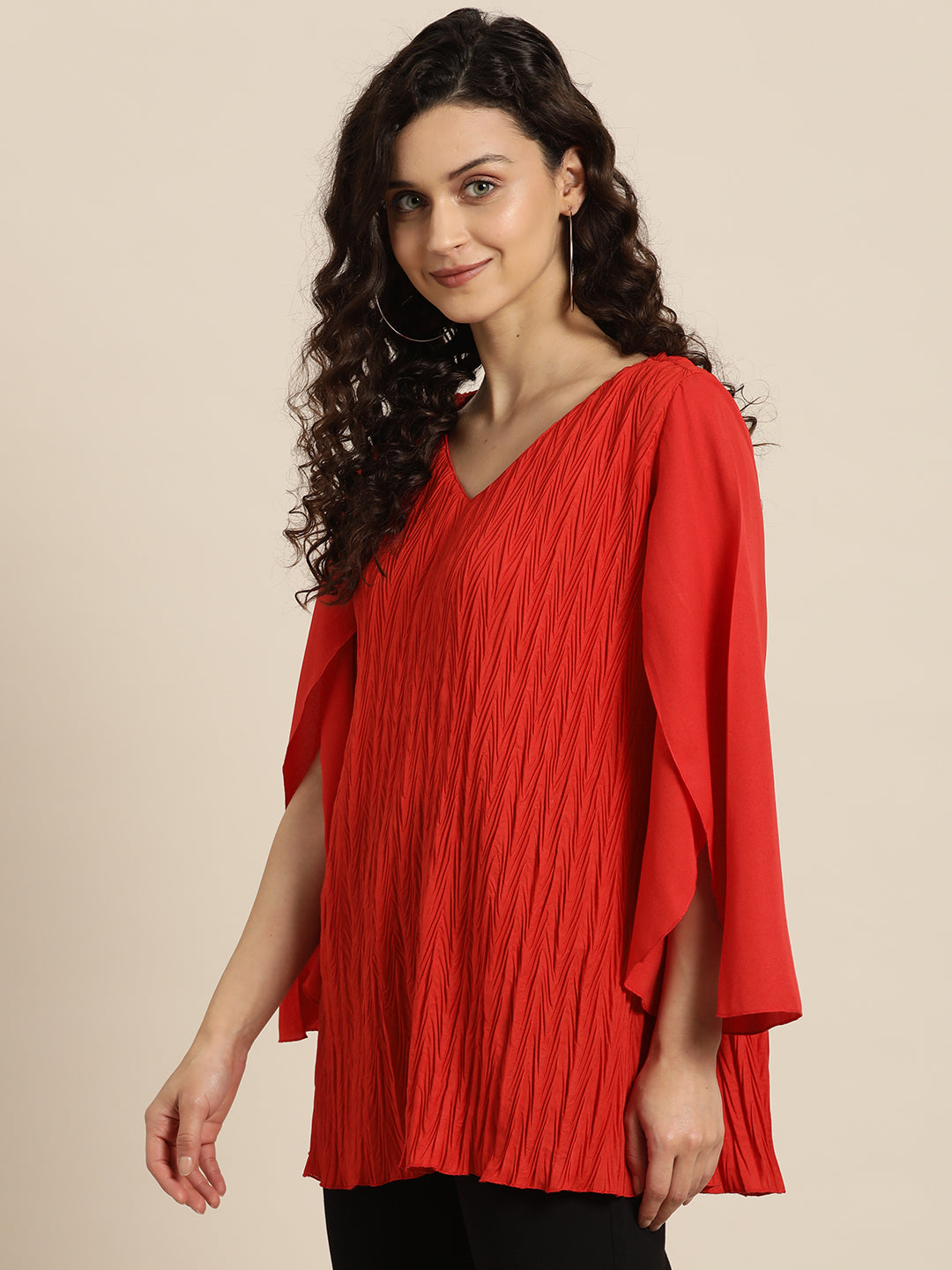 Solid Dark Red Regular Fit V Neck Full Petal Crepe Top