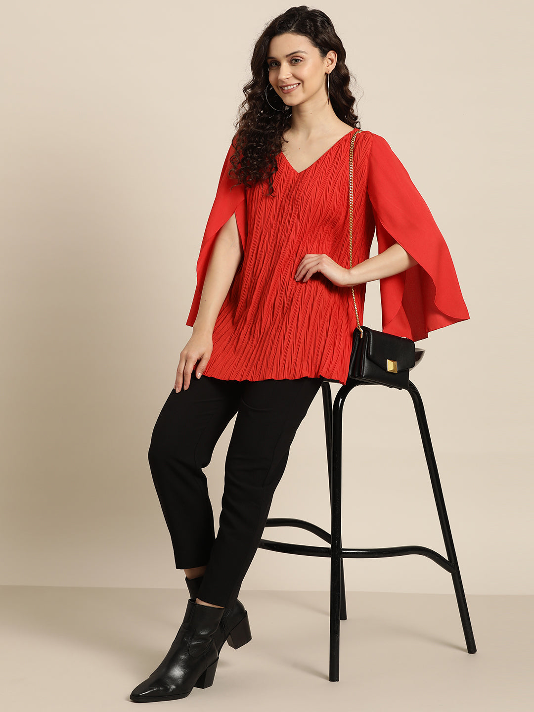 Solid Dark Red Regular Fit V Neck Full Petal Crepe Top
