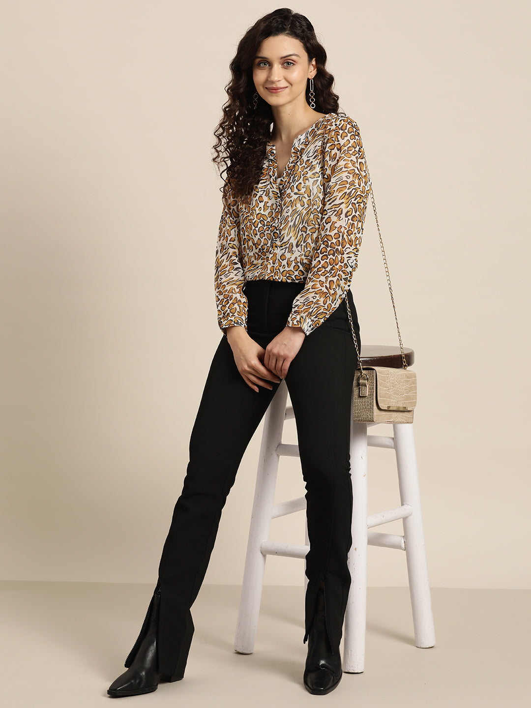 Animal Print Leopard Light Brown Regular Fit Mandarin Collar Full Cuff Sleeve Georgette Top