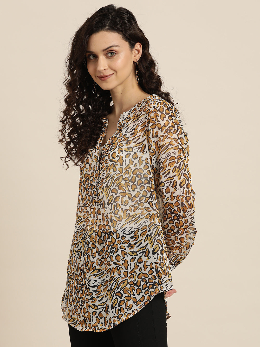 Animal Print Leopard Light Brown Regular Fit Mandarin Collar Full Cuff Sleeve Georgette Top
